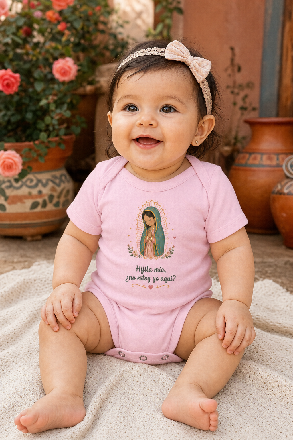 Baby girl wearing the Hijita Mía Guadalupe bodysuit in a lifestyle setting