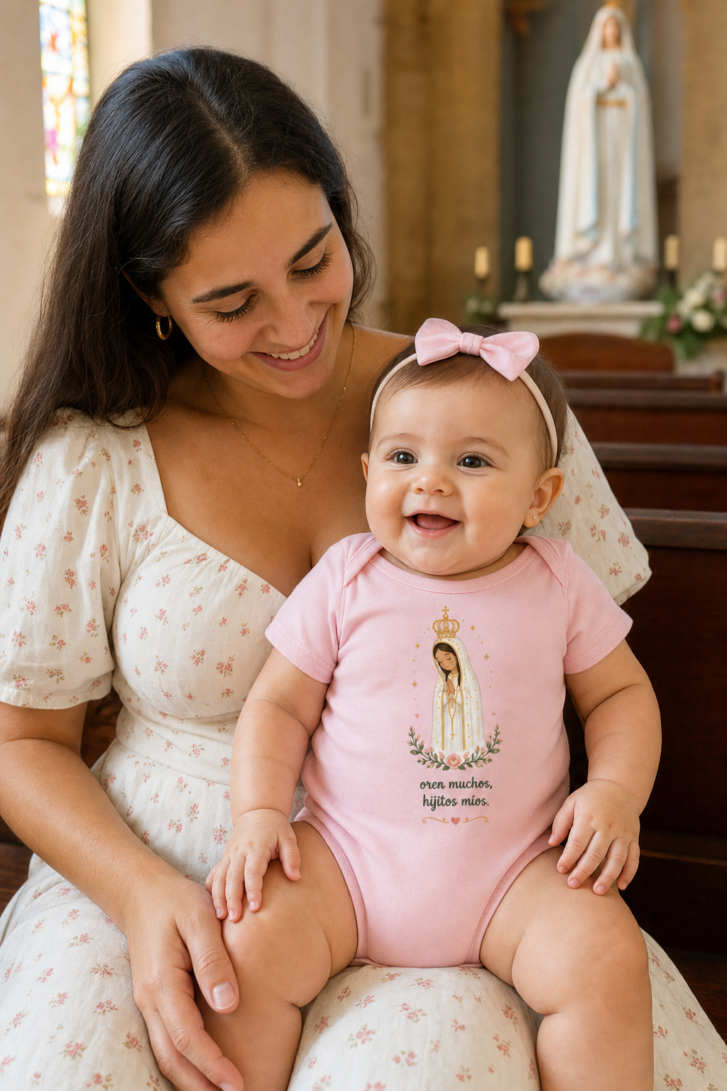Baby girl wearing the Oren Muchos Fátima bodysuit in a lifestyle setting