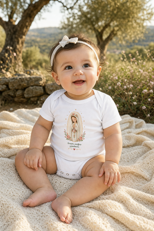 Baby girl wearing the Oración Sacrificio Penitencia bodysuit in a lifestyle setting