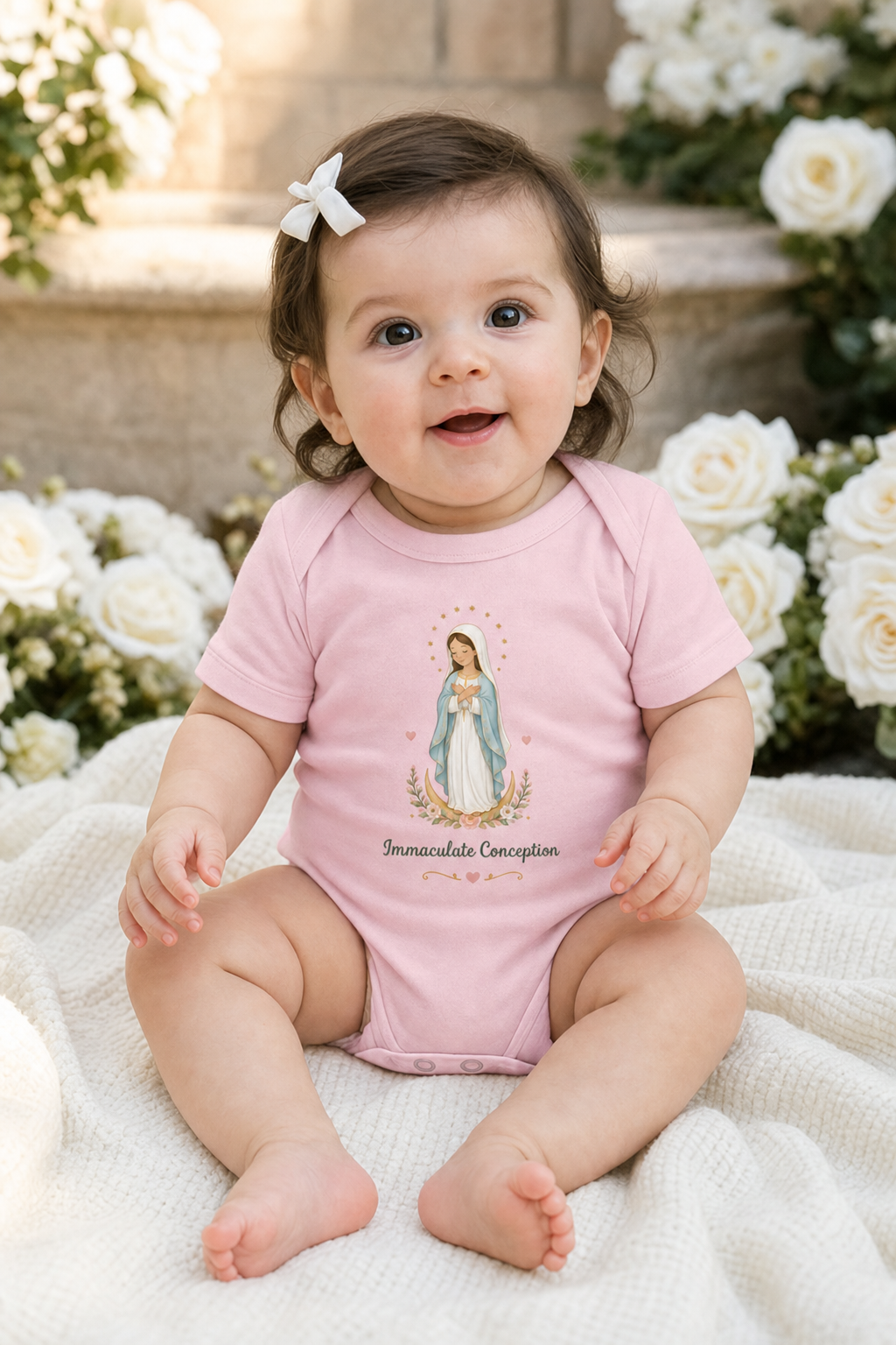 Baby girl wearing the Immaculate Conception bodysuit in a lifestyle setting
