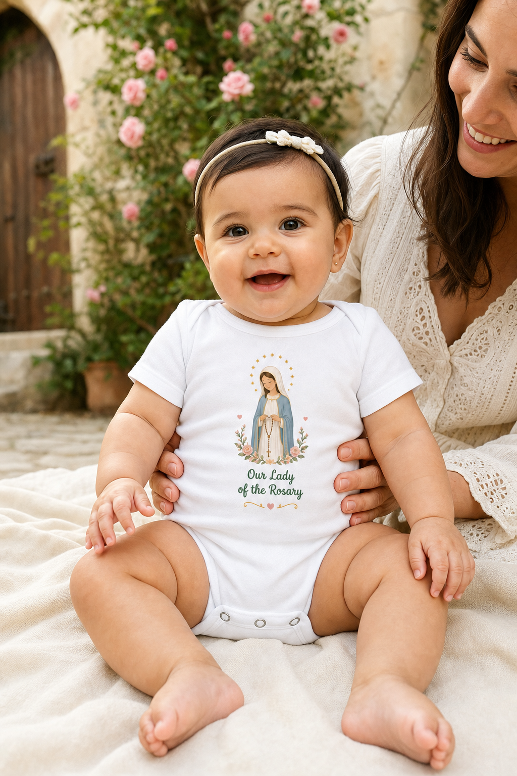 Baby girl wearing the Our Lady of the Rosary bodysuit in a lifestyle setting