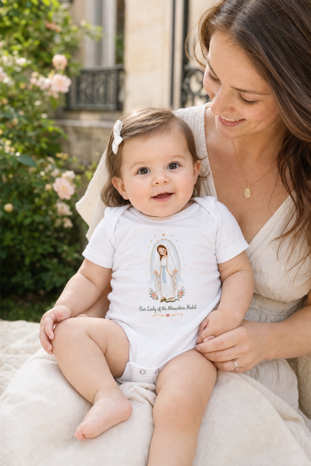 Baby girl wearing the Our Lady of the Miraculous Medal bodysuit in a lifestyle setting