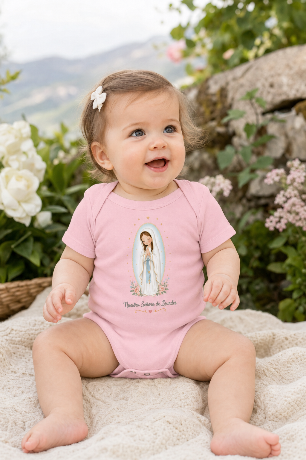 Baby girl wearing the Nuestra Señora de Lourdes bodysuit in a lifestyle setting