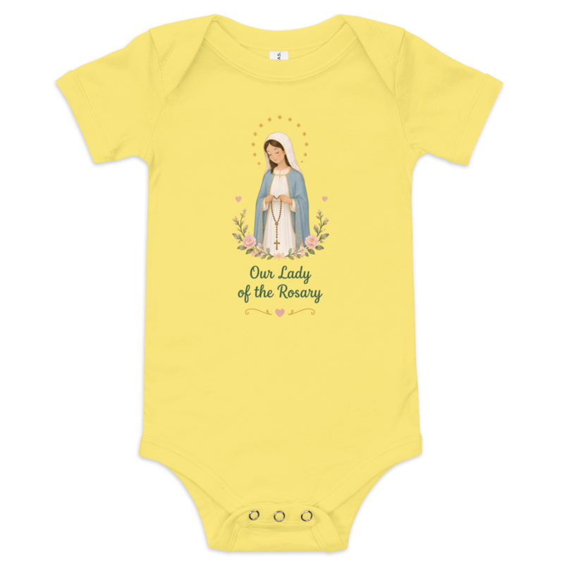Our Lady of the Rosary Baby — Printful flat · Yellow