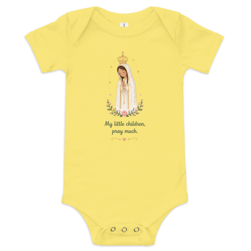 Pray Much Fátima Baby — Printful flat · Yellow