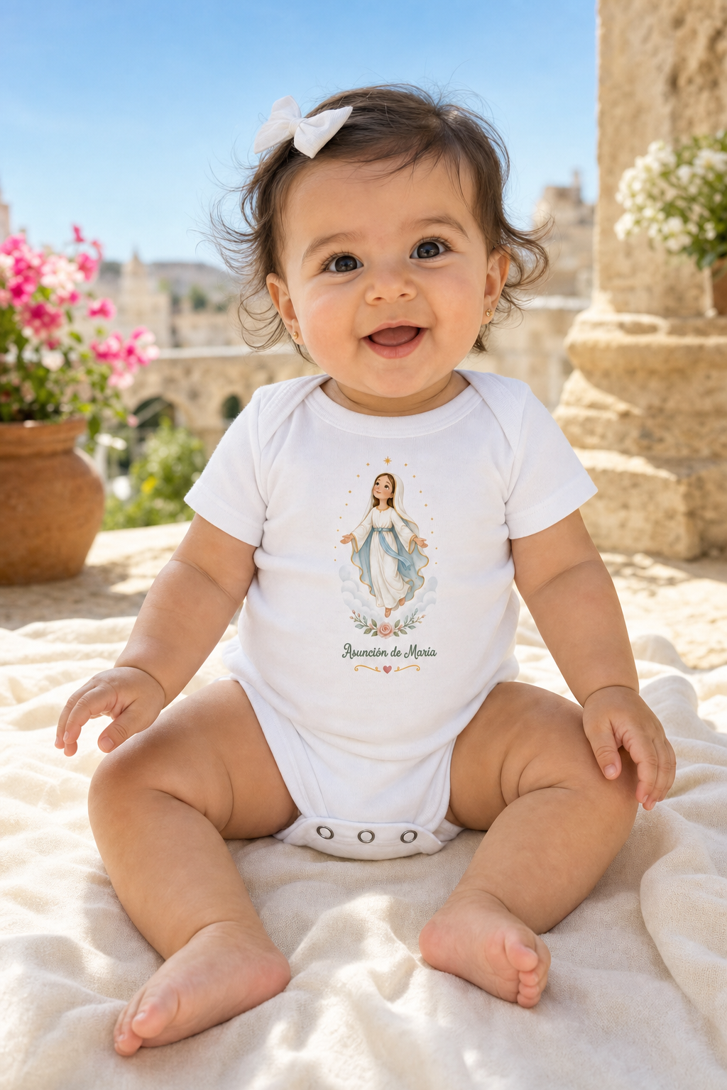 Baby girl wearing the Asunción de María bodysuit in a lifestyle setting