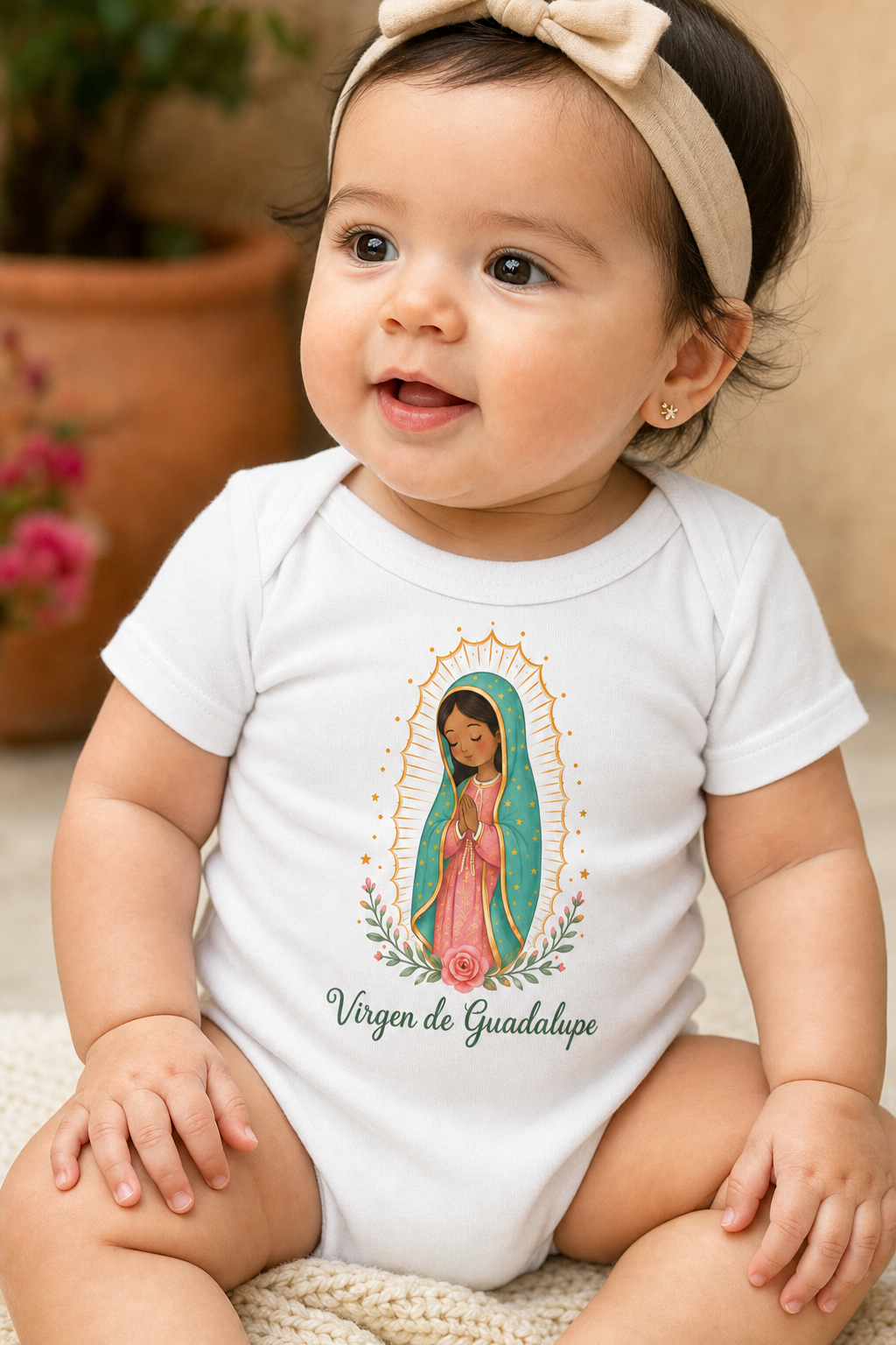Baby girl wearing the Virgen de Guadalupe bodysuit in a lifestyle setting — detail