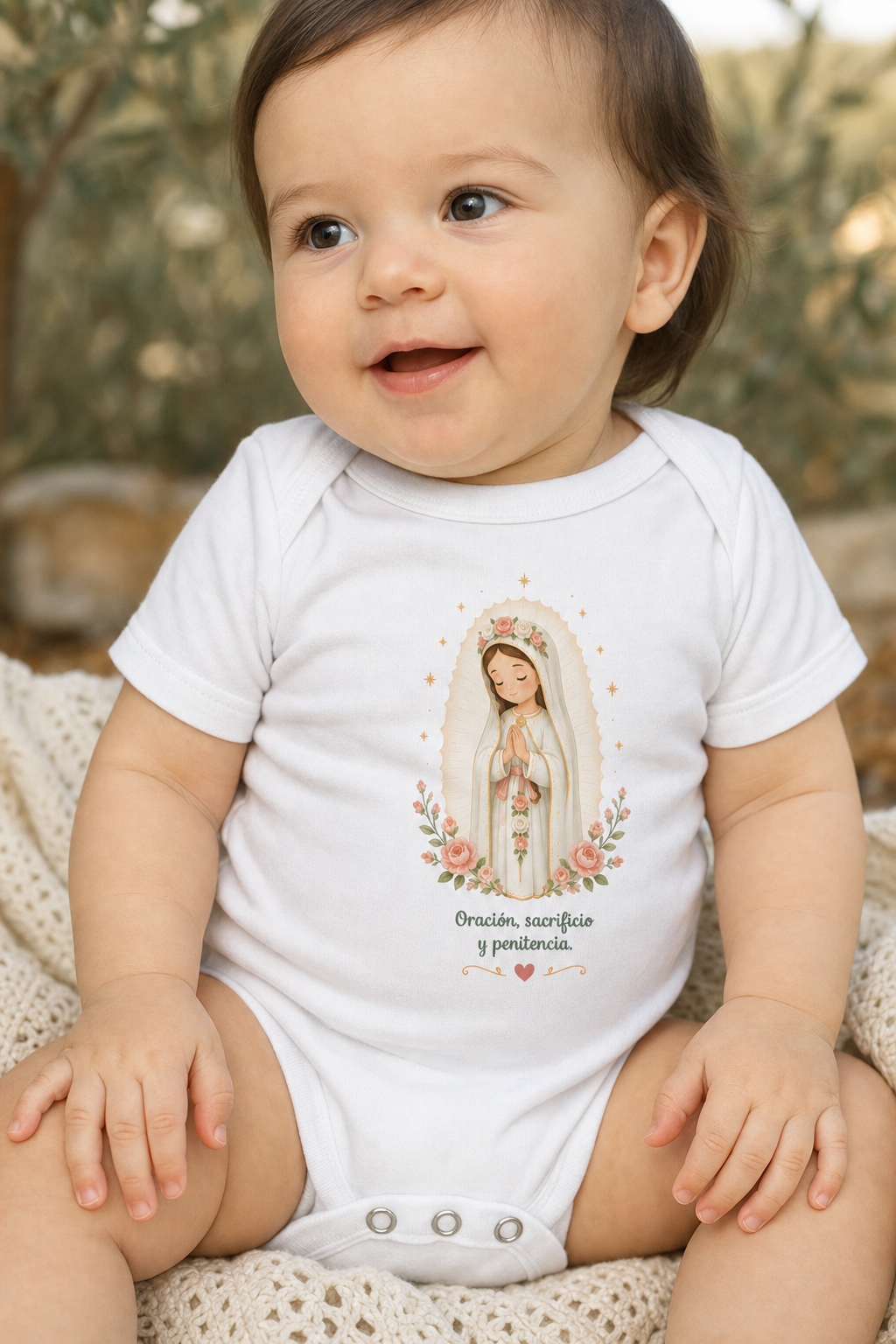 Baby girl wearing the Oración Sacrificio Penitencia bodysuit in a lifestyle setting — detail