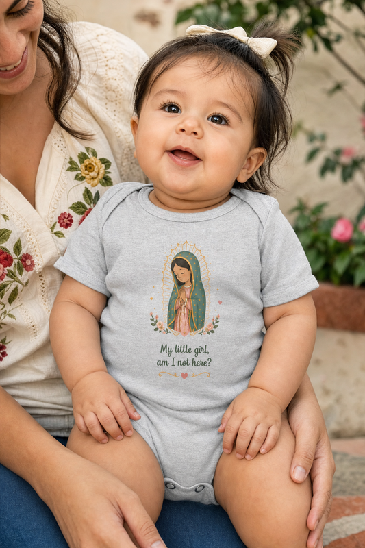 Baby girl wearing the My Little Girl Guadalupe bodysuit in a lifestyle setting — detail