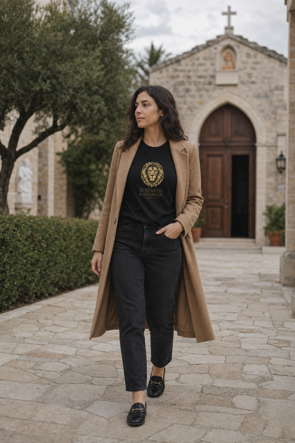 strength-courage-lion-christian-t-shirt-joshua-1-9 lifestyle · Black · bnr-card:womens-clothing