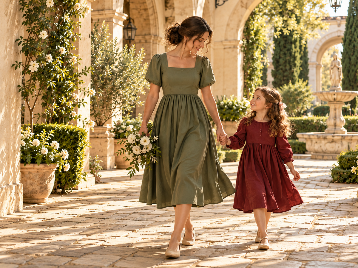 A mother in a green dress walking with her daughter through a courtyard.