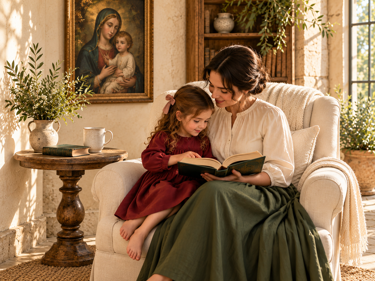 A mother and daughter reading together in a comfortable armchair.