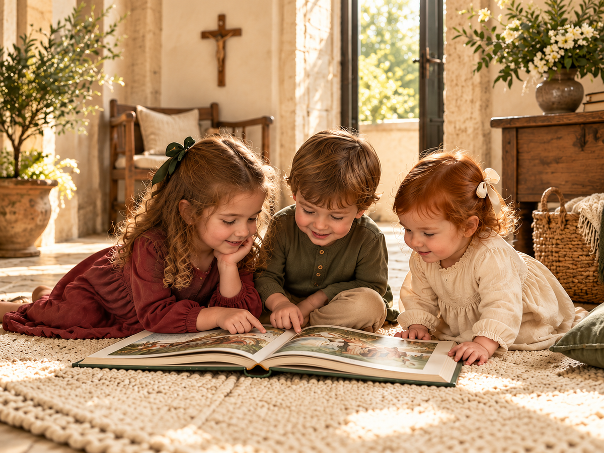 Three young siblings sharing a picture book.