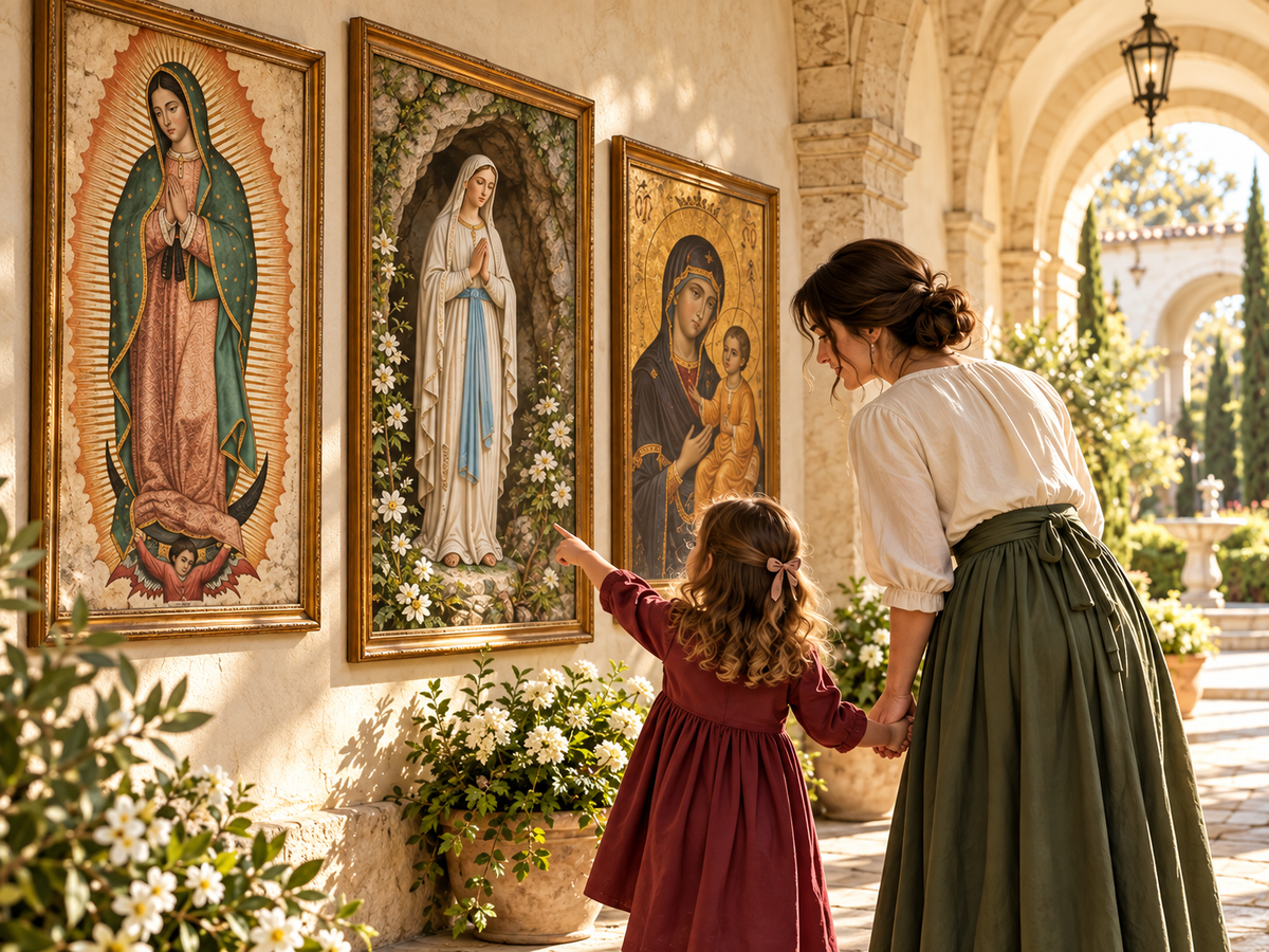 A mother and daughter viewing Marian images in a sunlit cloister.