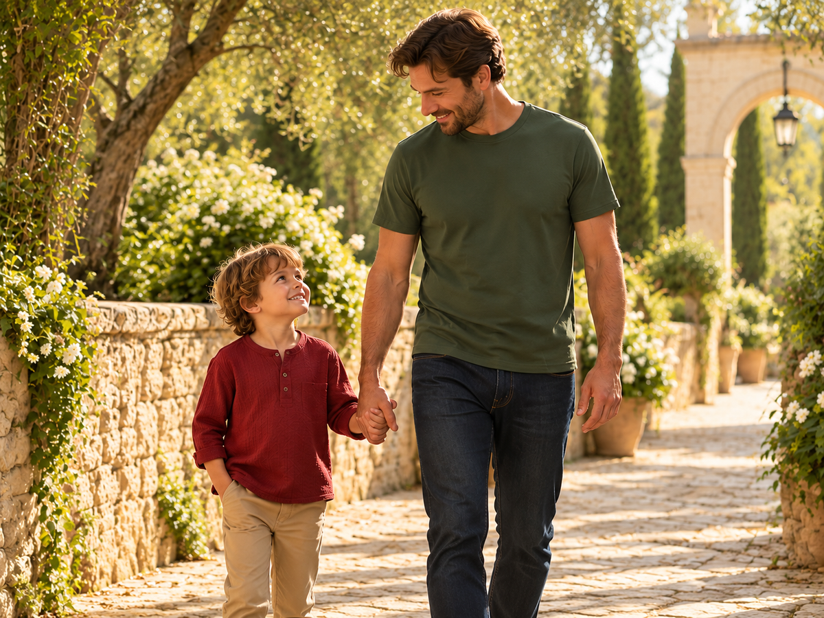 A father and son walking hand in hand.