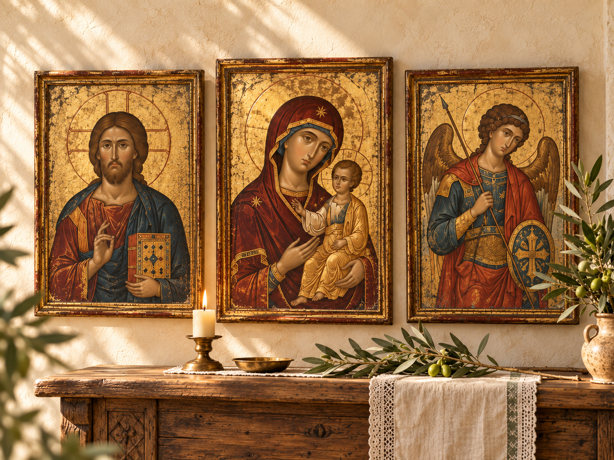 Traditional sacred icons in a warmly lit prayer corner.