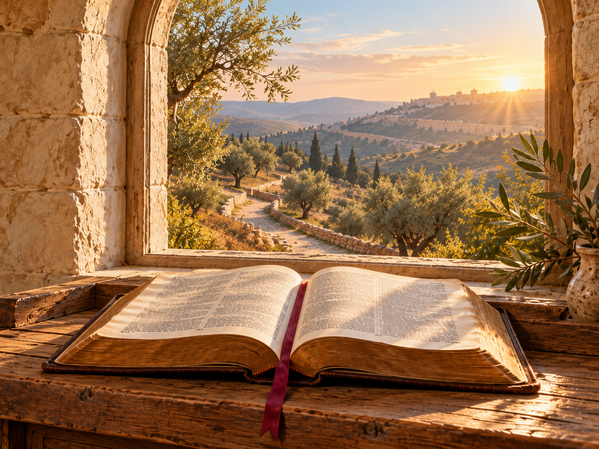 Open Bible on a weathered wooden sill beneath a stone arch overlooking olive groves at sunrise