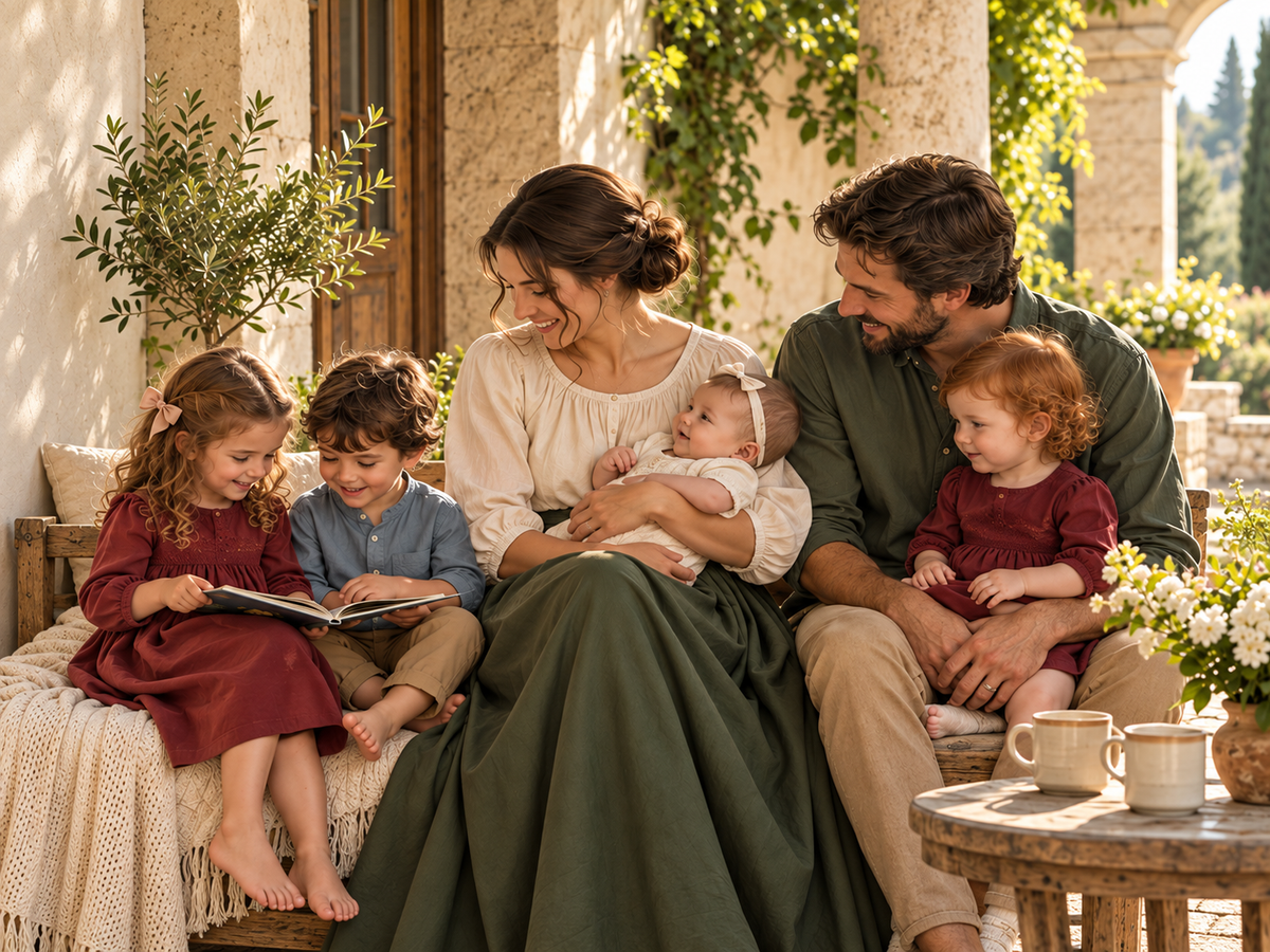 Parents and four young children relaxing together on a porch.