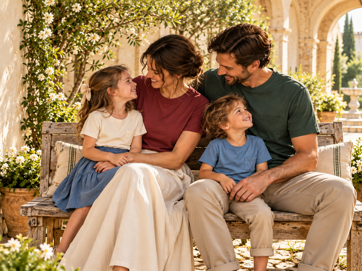 A family spending time together on a garden bench.