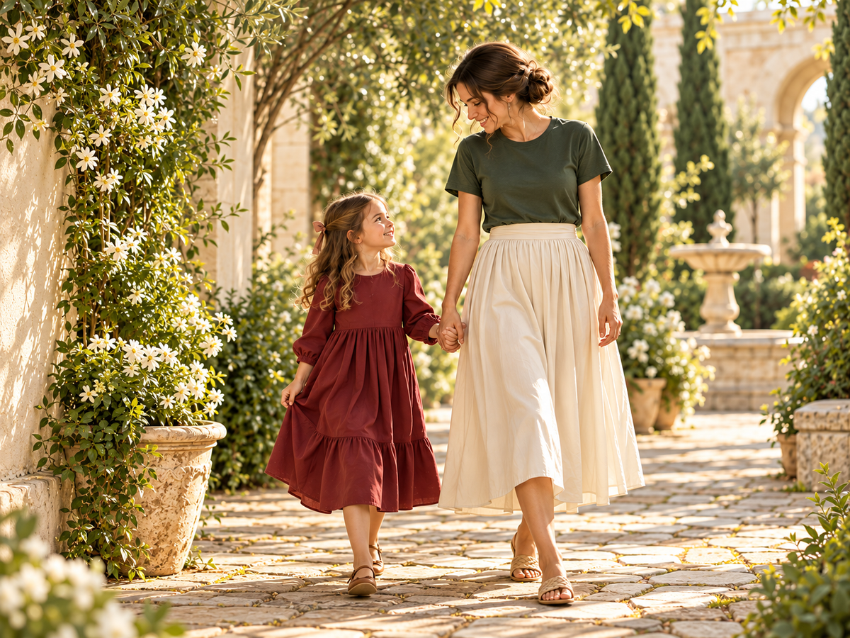 A mother and daughter walking together in a garden.