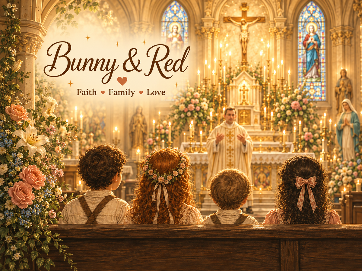 Four children in a pew watching Mass beneath a crucifix, with Bunny & Red — Faith, Family, Love lettering