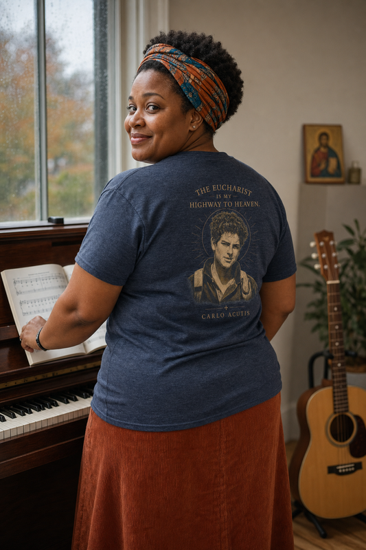 carlo-acutis-t-shirt lifestyle · Heather Navy · bnr-card:womens-clothing