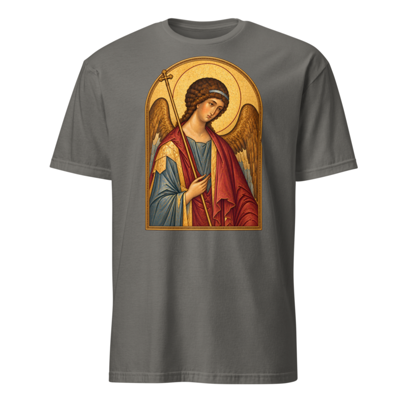 saint-michael-the-archangel-tee Softstyle Flat · Charcoal · bnr-card:womens-clothing · bnr-card:mens-clothing · bnr-card:sacred-icons · bnr-card:saints-witnesses