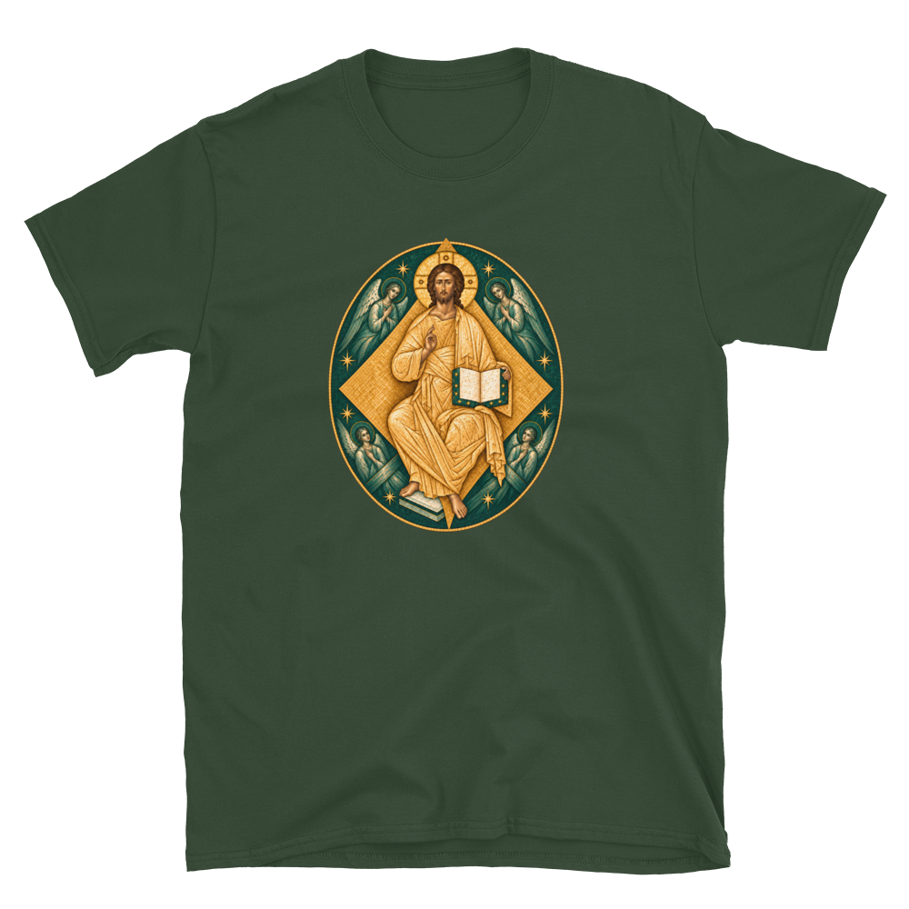 christ-in-majesty-tee Softstyle Flat · Forest Green · bnr-card:womens-clothing · bnr-card:mens-clothing · bnr-card:sacred-icons · bnr-card:jesus