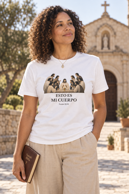 esto-es-mi-cuerpo-tee lifestyle · White · hero · bnr-card:womens-clothing · bnr-card:jesus · bnr-card:scripture