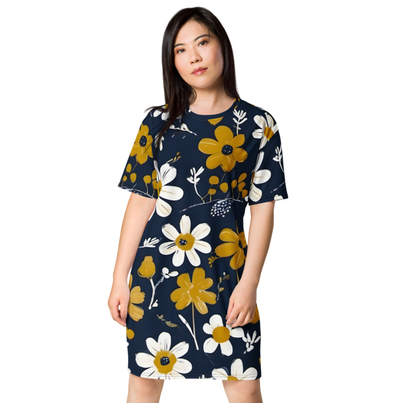 Golden Daisy Navy T-Shirt Dress - All-Over Print T-shirt Dress (White / 2XL)