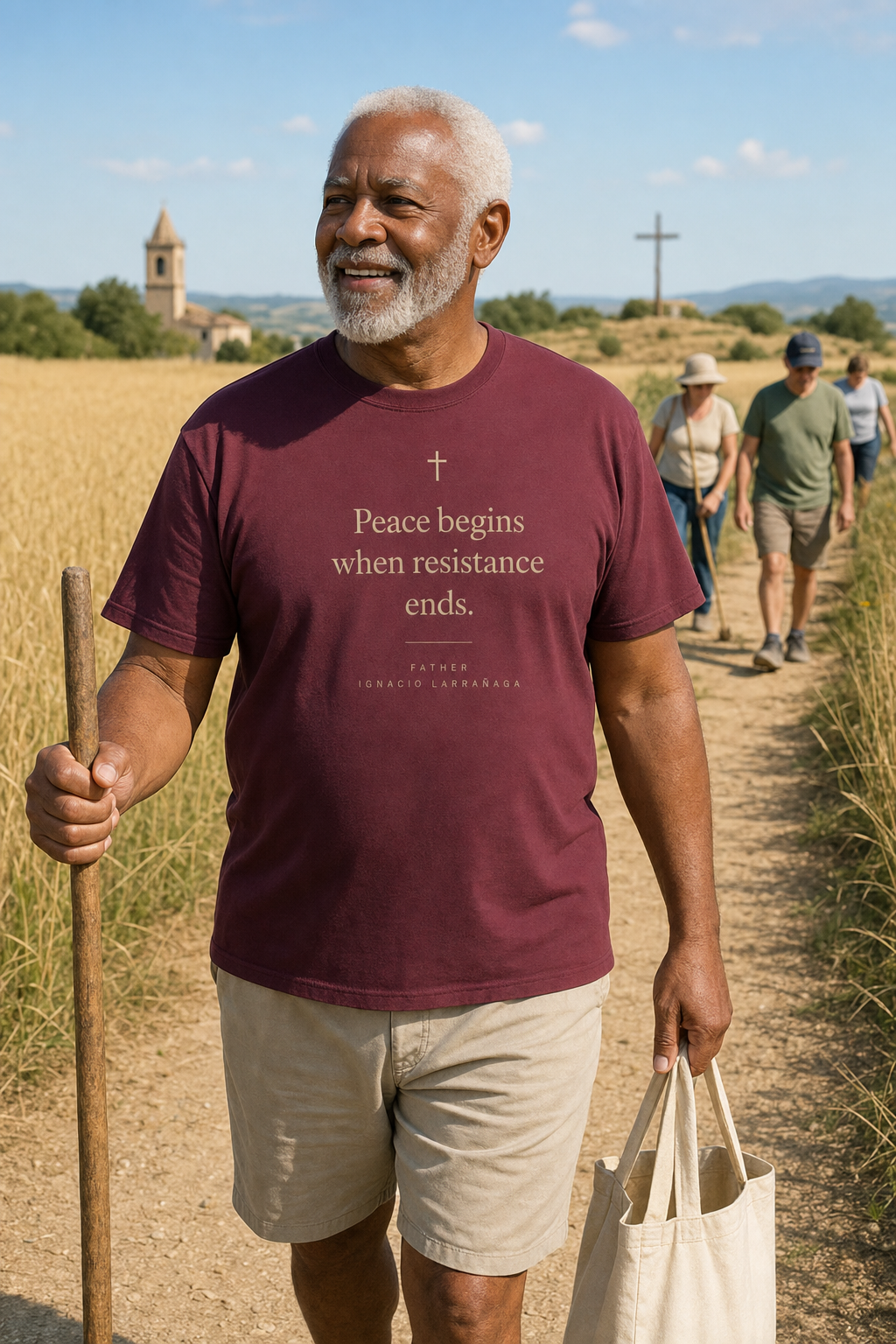 father-ignacio-peace-t-shirt lifestyle · Maroon