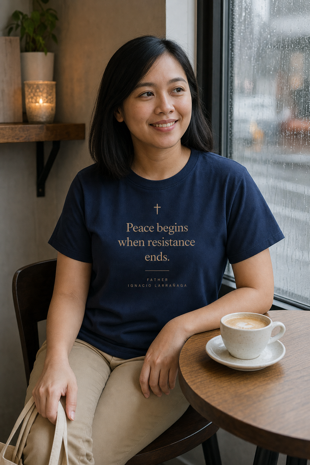 father-ignacio-peace-t-shirt lifestyle · Navy · bnr-card:womens-clothing