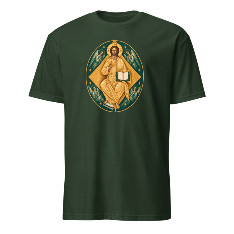 christ-in-majesty-tee Softstyle Flat · Forest Green · bnr-card:womens-clothing · bnr-card:mens-clothing · bnr-card:sacred-icons · bnr-card:jesus