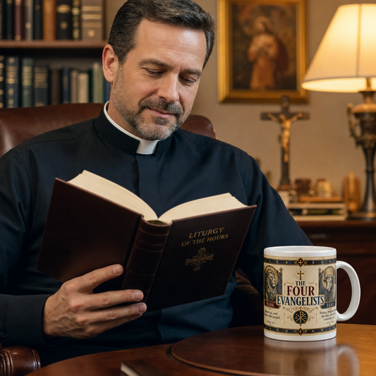 Priest reading the Divine Office with Four Evangelist mug