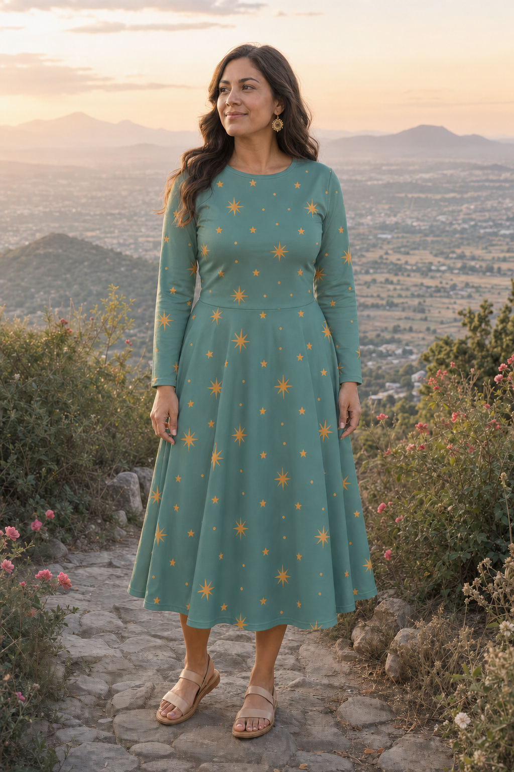 Guadalupe Teal Star Midi Dress — Tepeyac hillside lifestyle