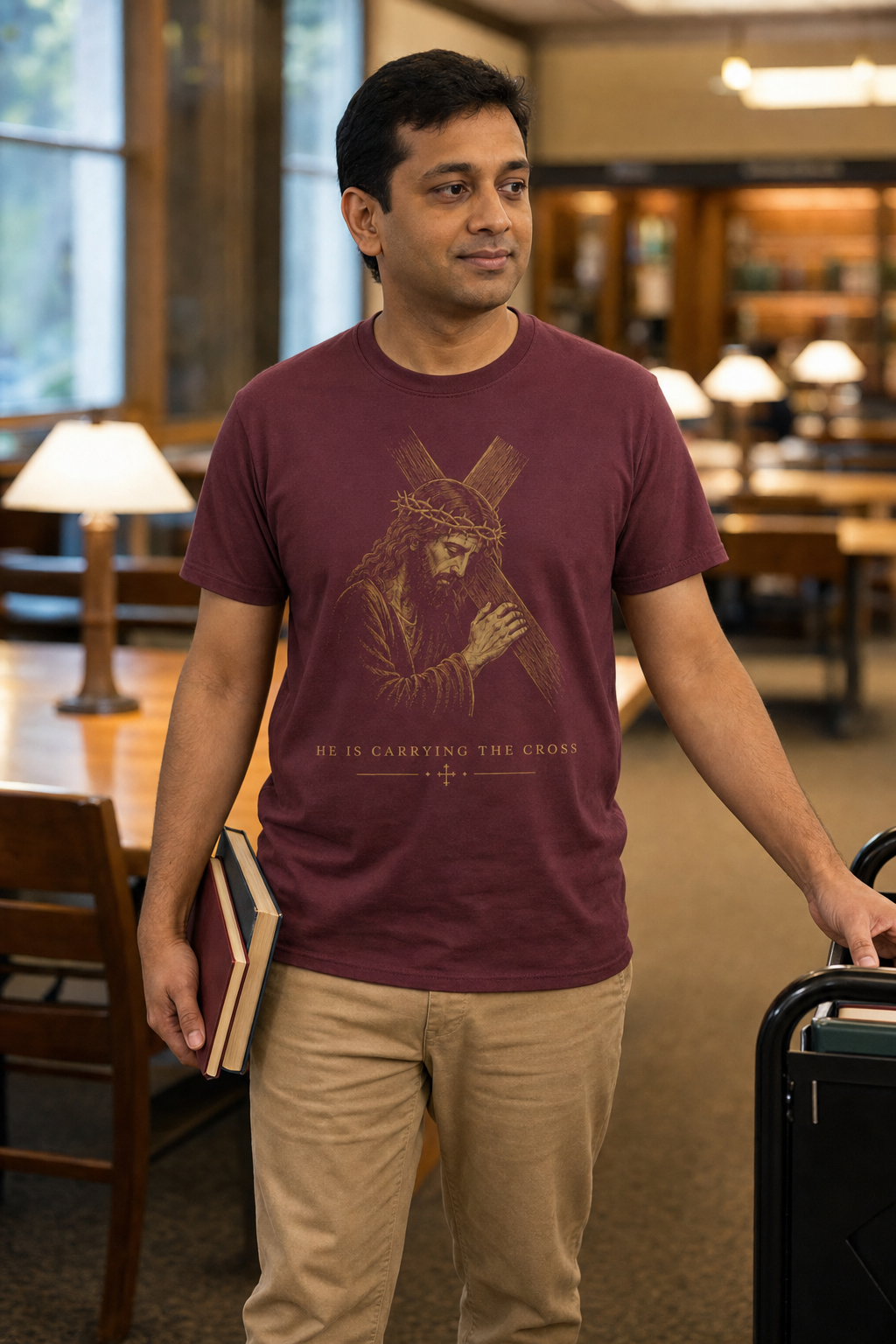 he-is-carrying-the-cross-t-shirt lifestyle · Maroon
