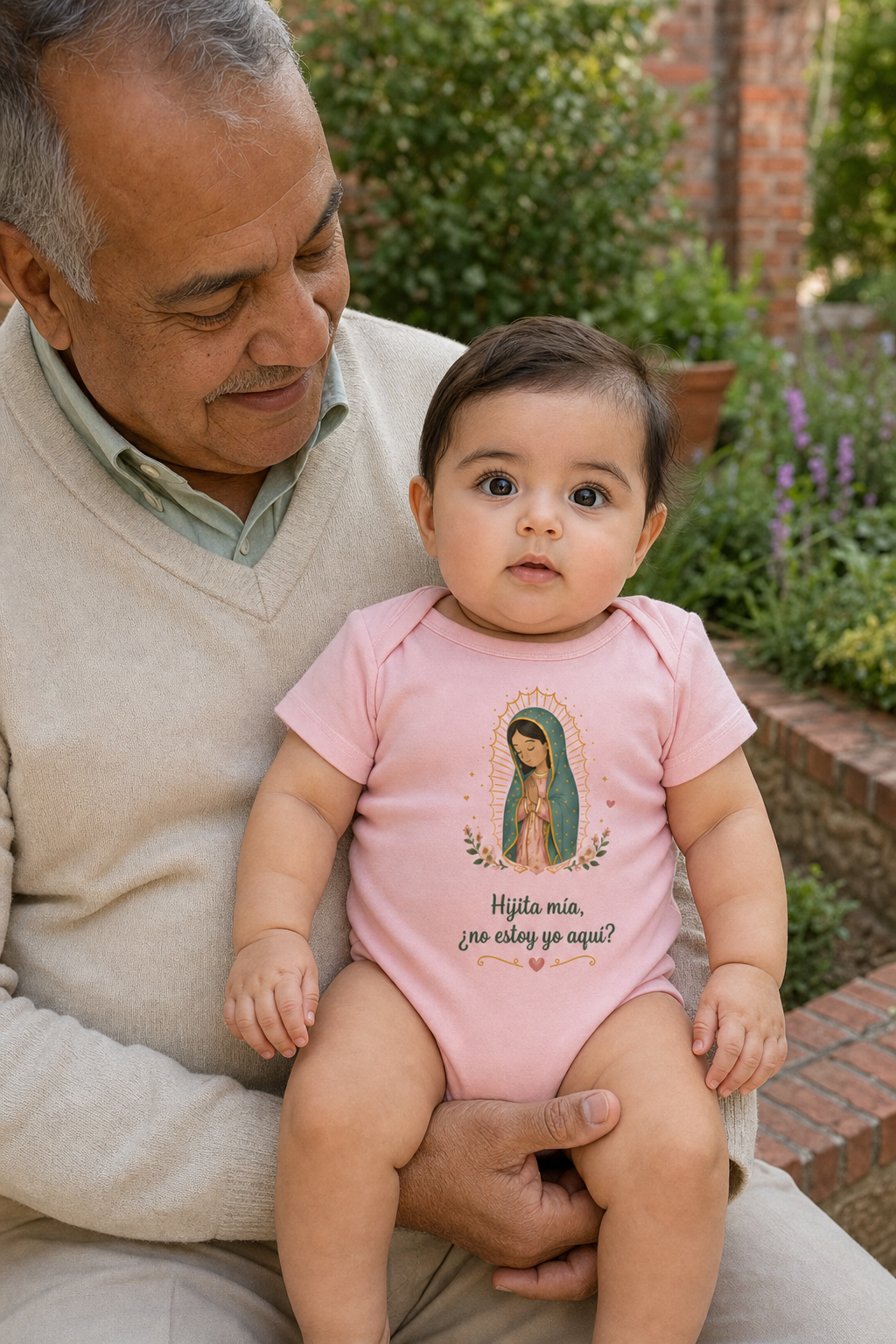 Baby girl wearing the Hijita Mía Guadalupe Baby Bodysuit in Pink