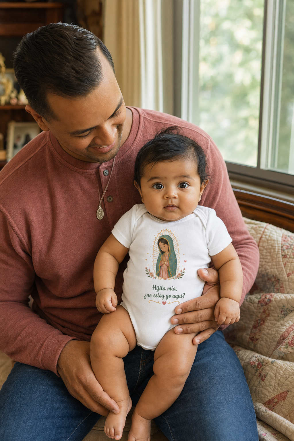 Baby girl wearing the Hijita Mía Guadalupe Baby Bodysuit in White