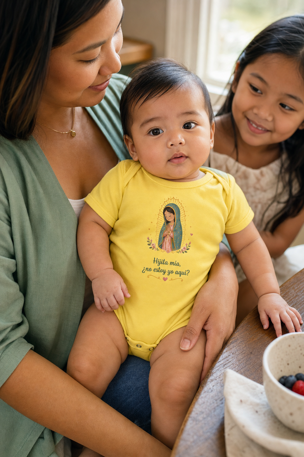 Baby girl wearing the Hijita Mía Guadalupe Baby Bodysuit in Yellow
