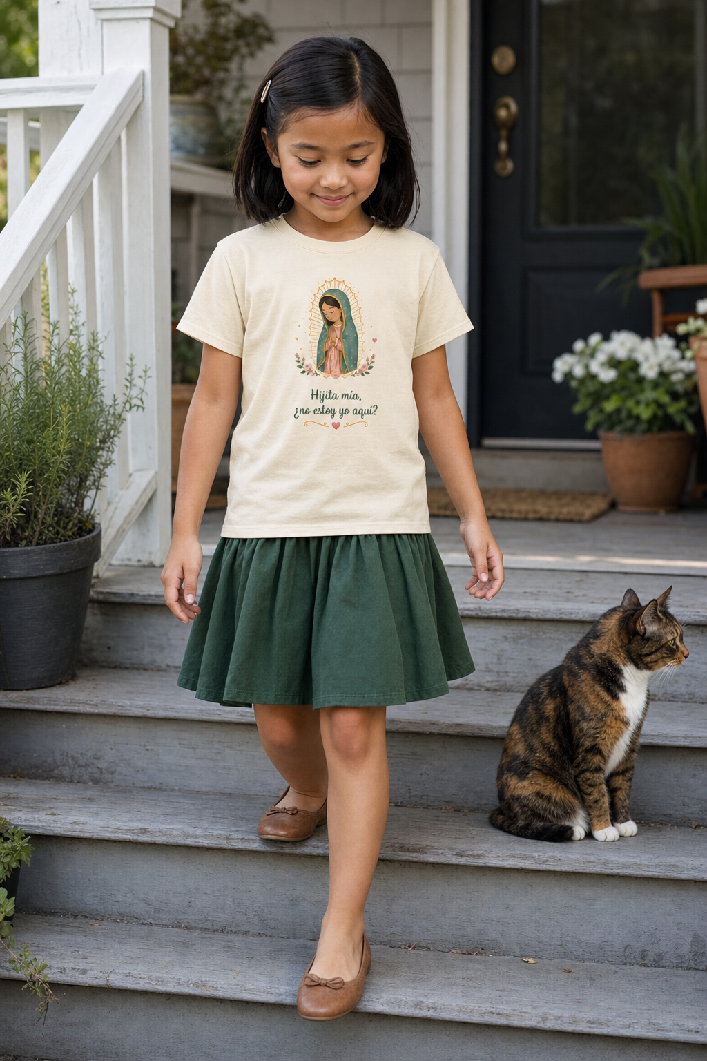 Girl wearing the Hijita Mía Guadalupe Girls T-Shirt in Natural