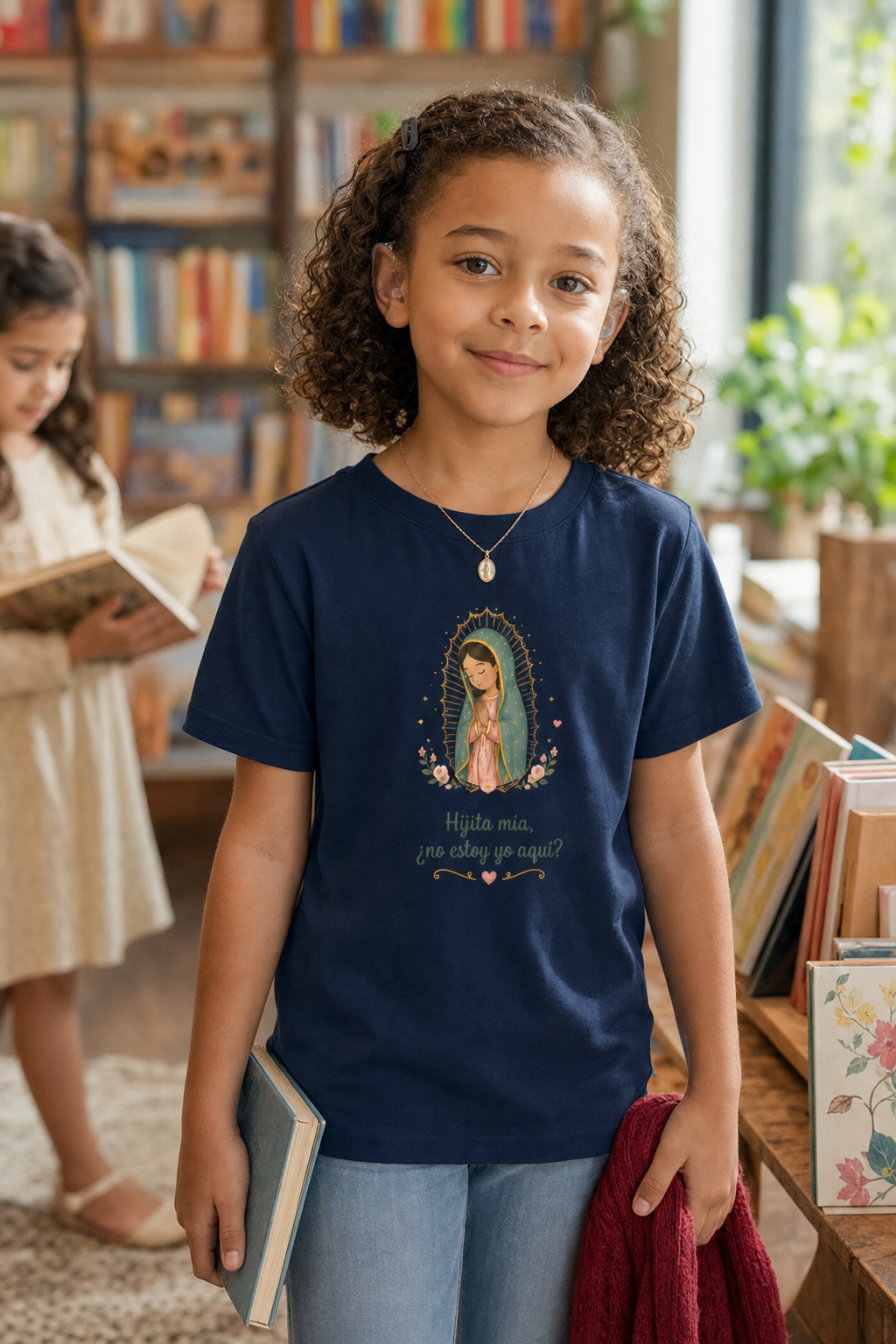 Girl wearing the Hijita Mía Guadalupe Girls T-Shirt in Navy