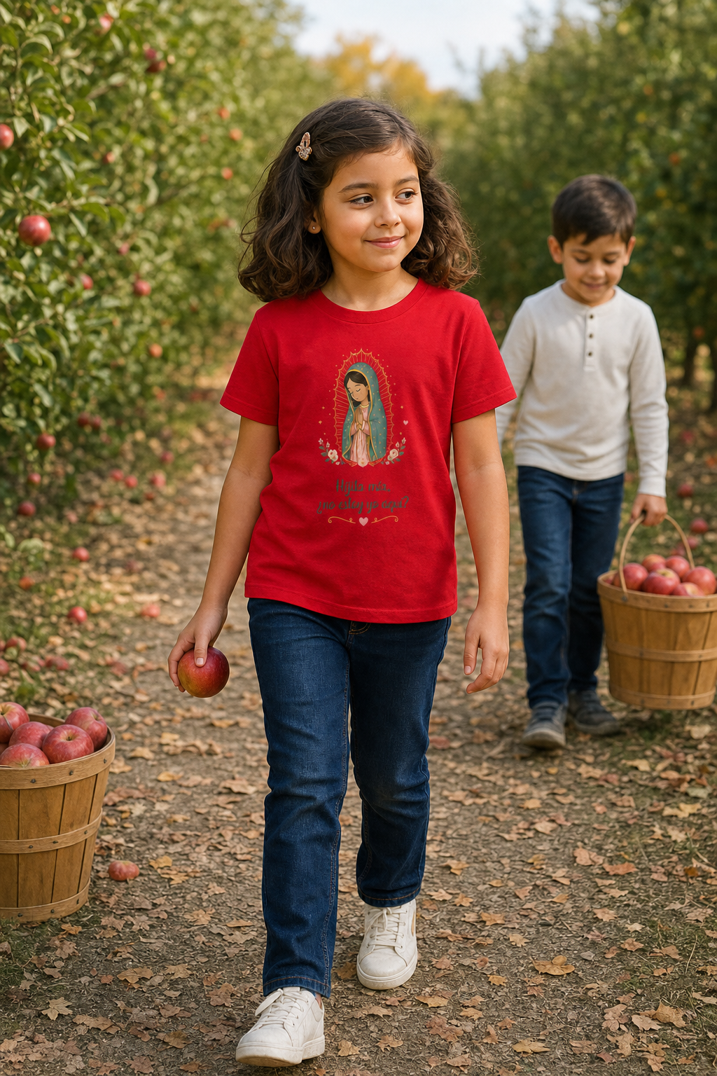 Girl wearing the Hijita Mía Guadalupe Girls T-Shirt in Red