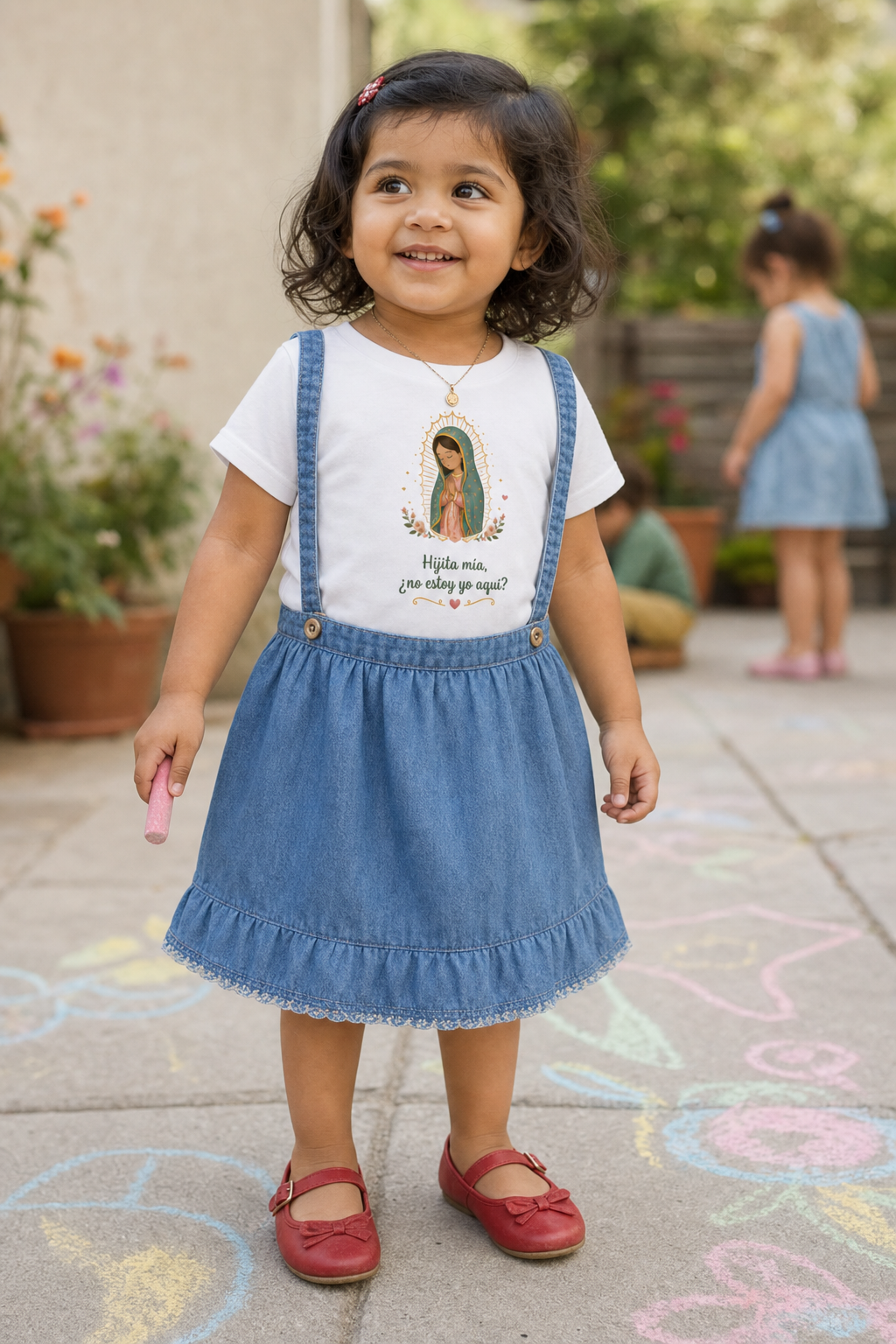 Little girl wearing the Hijita Mía Guadalupe Toddler T-Shirt in White