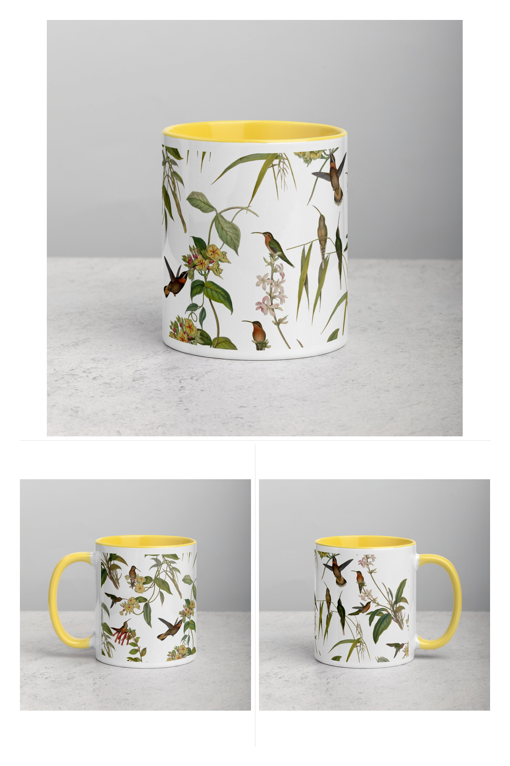 Hummingbird Mug — front, left, and right views