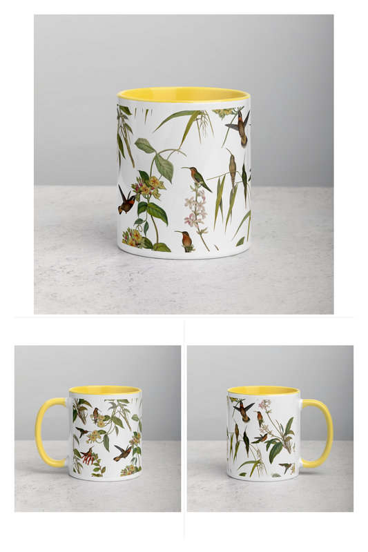 Hummingbird Mug — front, left, and right views
