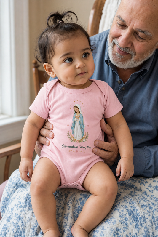 Baby girl wearing the Immaculate Conception Baby Bodysuit in Pink