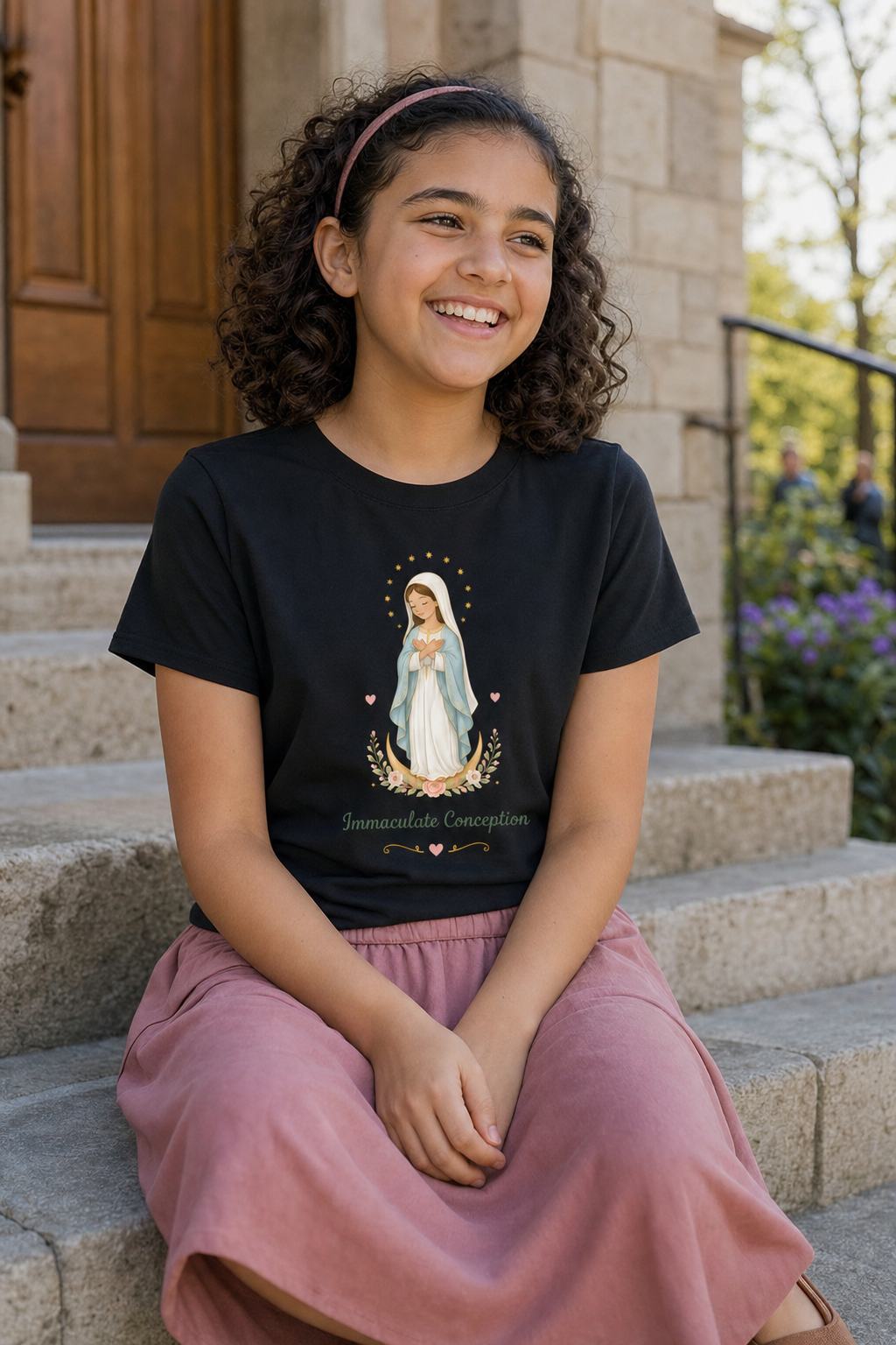 Girl wearing the Immaculate Conception Girls T-Shirt in Black