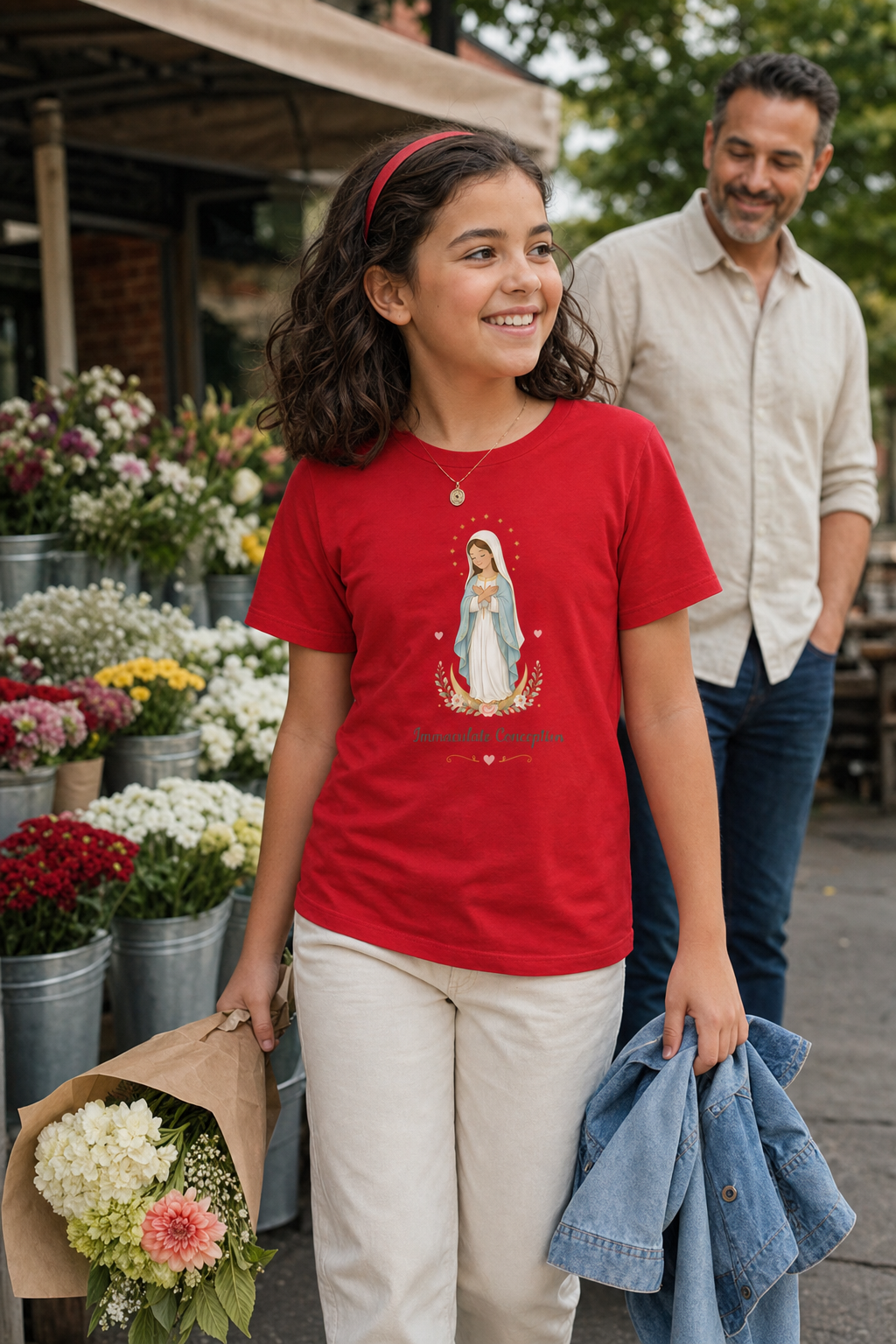 Girl wearing the Immaculate Conception Girls T-Shirt in Red