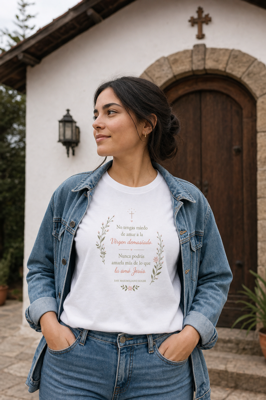 no-tengas-miedo-kolbe-t-shirt lifestyle · White · bnr-card:womens-clothing · bnr-card:saints-witnesses