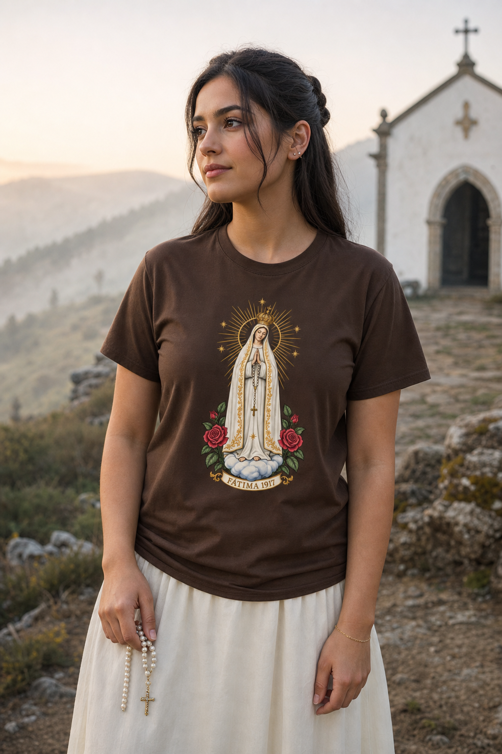 senora-de-fatima-softstyle-tee lifestyle · Dark Chocolate · hero